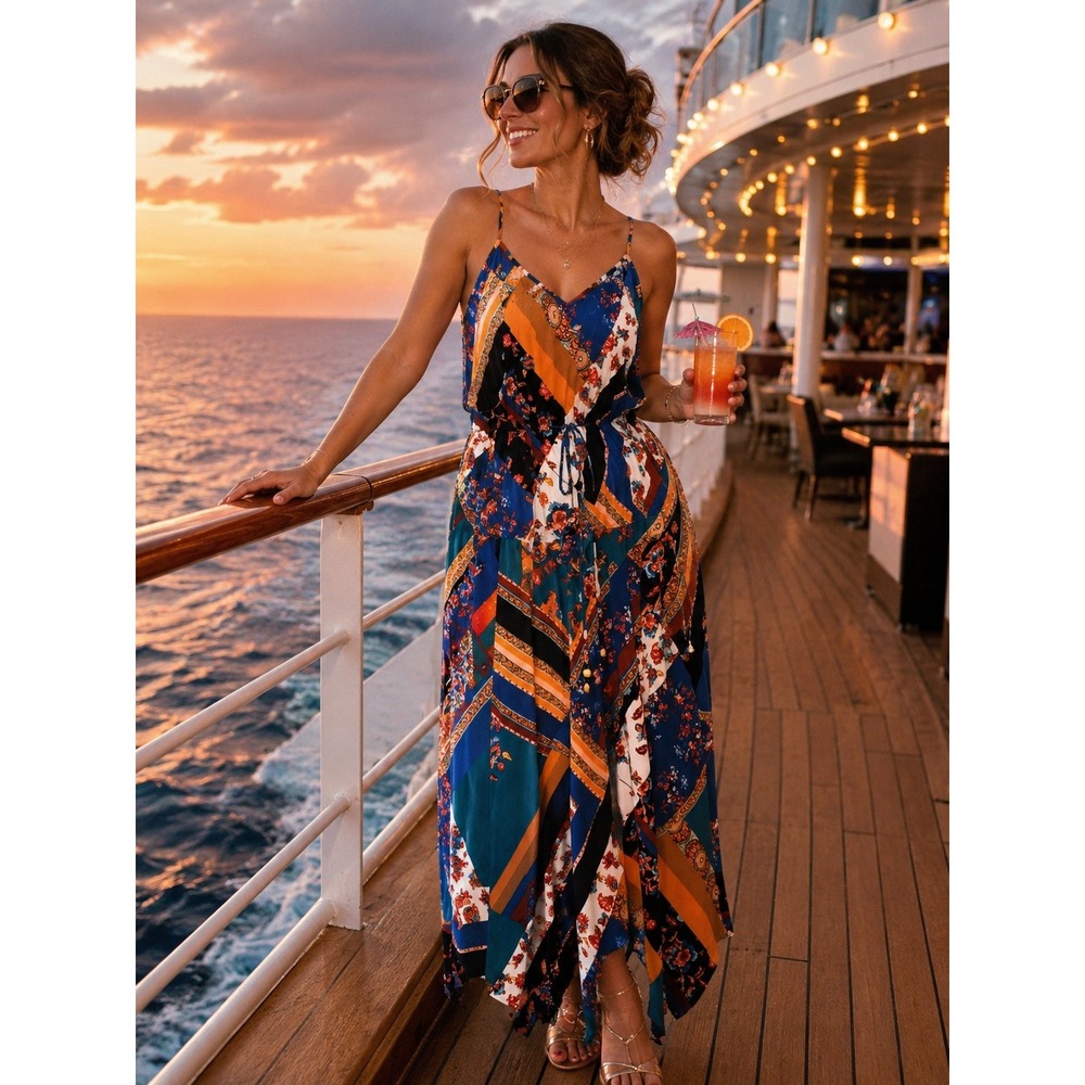 Fishbowl Royal Teal Patchwork Floral Maxi Dress Handkerchief Hem ZS1N-9594 Small